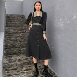 Autumn Women Leather Midi Dress Patchwork Lapel Single-Breasted Lace-up Female Dress Full Sleeve 2021 Ladies PU Vestidos