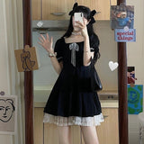 Korean Casual Kawaii Mini Dress Women Lace Black Cute Elegant Party Dress Summer 2021 Puff Sleeve Ruffle France Vintage Clothing