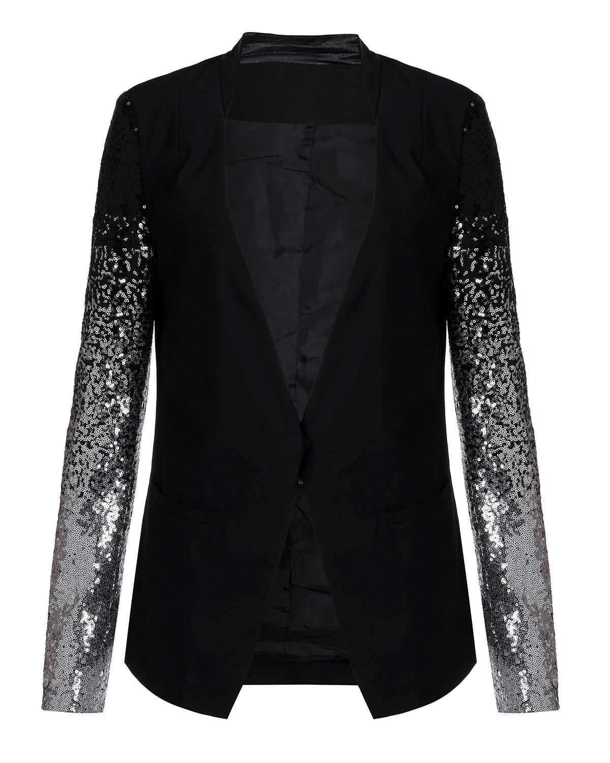 Women Sequins Blazer Spring Long Sleeved Slim Lapel Silver Black Jackets