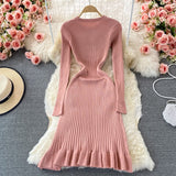 Mermaid Autumn Winter Elegant Ribbed Sweater Dress Crew Neck Ruffle Hem Knitted Bodycon Midi Dress