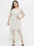 Plus Size Lace Dress Women White Party Dress Half Sleeve Mermaid Formal Robes Off The Shoulder Vestidoes Asymmetrical Prom Gowns