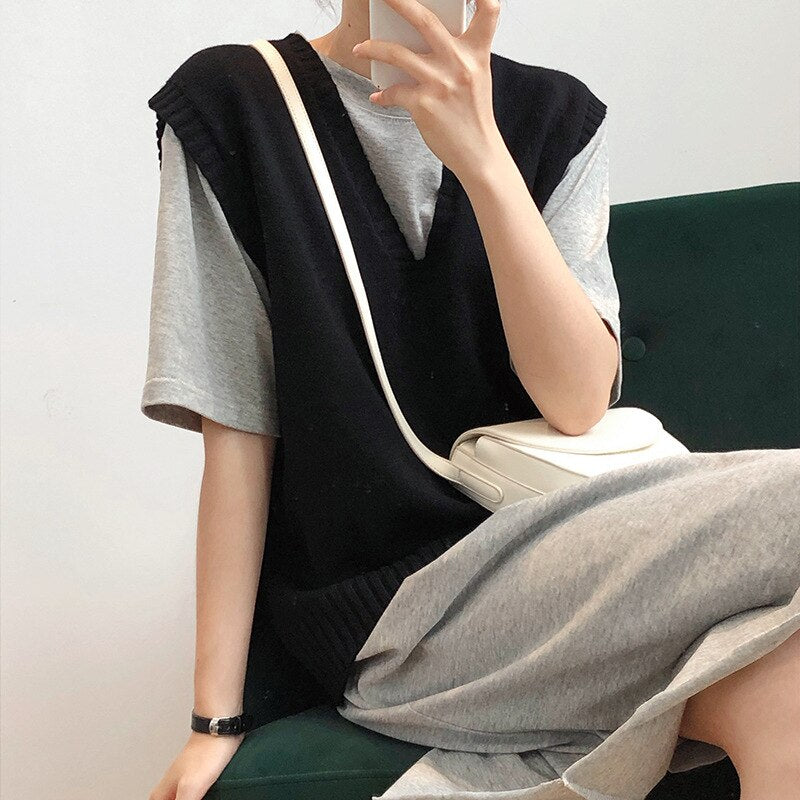 Autumn Women Casual Pullovers V-Neck Sleeveless Knit Chic Sweater Tops Vest Streetwear