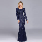 Plus Size Evening Dresses Mermaid O Neck Full Sleeve Lace Appliques Tulle Long Party Gown Robe Soiree Elegant Formal Dress