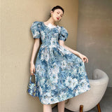 French Vintage Print Party Blue Dresses Women Korean Style Designer Sweet Cute Dress A-line Puff Sleeve Retro Dress Sunmmer