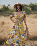 Summer Sexy Floral Print Women Casual High Waist V-Neck Split A-Line Dress Outwear