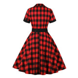 2021 Gingham Vintage Dress Elegant Women Turn Down Collar Button Up Rockabilly 50s Style Red Plaid Cotton Dresses with Belt
