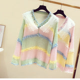 Women Long Sleeve V-Neck Knitted Rainbow Color Thin Mesh Patchwork Sweater Streetwear
