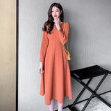 Women Spring Vintage French Style Dresses Slim Banded Waist Button Front  Retro Holiday