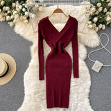 Autumn Winter Mini Crossover V Neck Long Sleeve Elegant Ribbed Knitted Dress Sexy Bodycon Dress