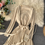 V Neck Long Sleeve Elegant Pleated Midi Dress Warm Knitted Sweater Dress Belted Woman Clothes