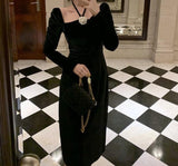 Winter Evening Party Dress Women Long Sleeve Black Velvet Midi Dress Lady Elegant Korean Fashion Slim Vintage Dress Bandage