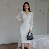 Spring Women Puff Sleeve Lace Solid Skinny Dress Elegant V-Neck Bodycon Pencil Vestidos Femme