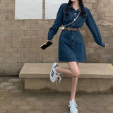 Autumn Vintage Sweet Denim Dress Women France High Waist Long Sleeve Elegant Mini Dress Spring Slim Party Casual Korean Clothes