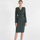 Autumn Women Elegant Fashion Office Lady Long Sleeve Dress Waistband Knee-Length Bodycon Dress