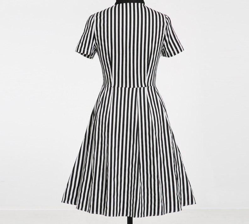 Single-Breasted Tie Neck Burgundy Striped Cotton 50S Vintage Robe Women Rockabilly Party Elegant Summer Dress