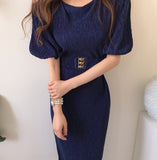 Women Summer Office Lady Solid Dress Women Puff Sleeve Midi Slim Elegant Female Dress