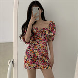 Summer Women Sweet Floral Print Bubble Sleeves Elegant Square Collar Dress Fashion Mini High Waist Clothes