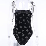 Glitter Butterfly Black Velour Women Strap Bodysuit Sexy Romper Print Body Overalls