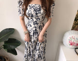 Summer Elegant Women Print Puff Sleeve Dress Casual Party Slim A-Line Maxi Pleated Dress