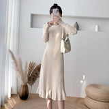 Women Spring Autumn 2021 O-Neck Knit Dress Female Ruffle Long Sleeve A-Line Midi Sweater Dress