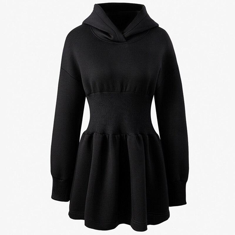 Harajuku Mini Winter Hooded Black Gothic Dress Elastis Waist Long Sleeve Solid Streetwear Hip Hop Retro Vintage Party Dresses