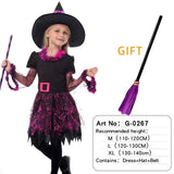 Halloween Children Girls Cosplay Witch Costume Attached Broom Teens Baby Girl Gown Witch Dress Clothing Set Hat