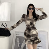 Spring Women Puff Sleeve V-neck Waist Slim Mini Dress Female Pleated Tie dye Ruffle Dress