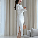 Women Chic Design Midi Dress Elegant Casual Office Lady High Wasit Fashion Slim Long sleeve Slit Dress