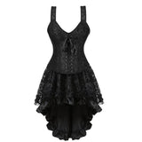 Women Gothic Steampunk Corset Dress Burlesque Costume Plus Size Corset Bustier With Asymmetric Floral Lace Skirt Set