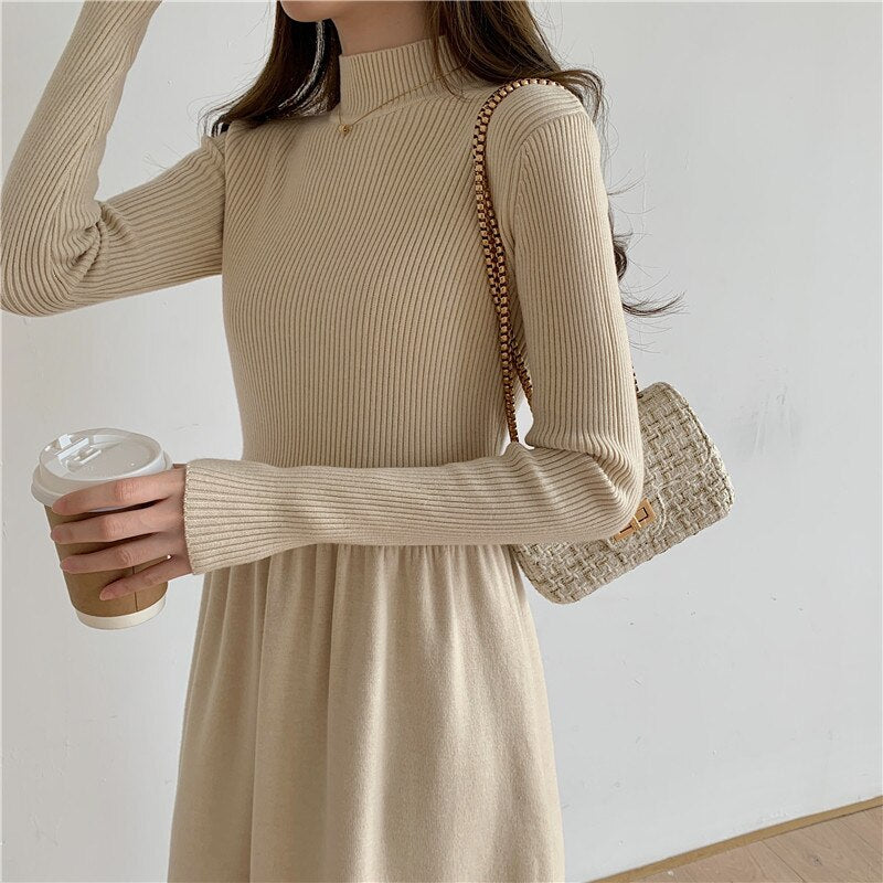 Autumn Winter Mock Neck Long Sleeve Basic Casual Sweater Dress Warm Chic Knitted Elegant Midi Dress