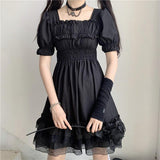 Japanese Harajuku Dark Style Summer New Dresses Vintage Square Collar Lace Puff Sleeve Dress Sweety Ruffles Hepburn Black Dress