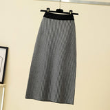 Elegant Office Lady Houndstooth Contrast Color Elastic High Waist Knit Pencil Midi Skirt