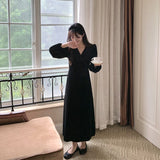 Women Elegant V-neck Velvet A-Line Dress Puff Sleeve Female Ankle-Length Dress Vestidos