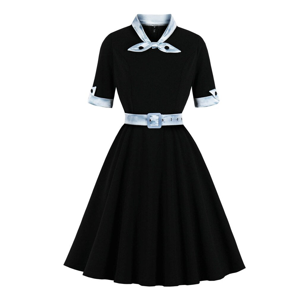 1950s Blue Black Women Patchwork Work Short Sleeve Robe Pin Up Swing Vintage 50s 60s Retro Dresses