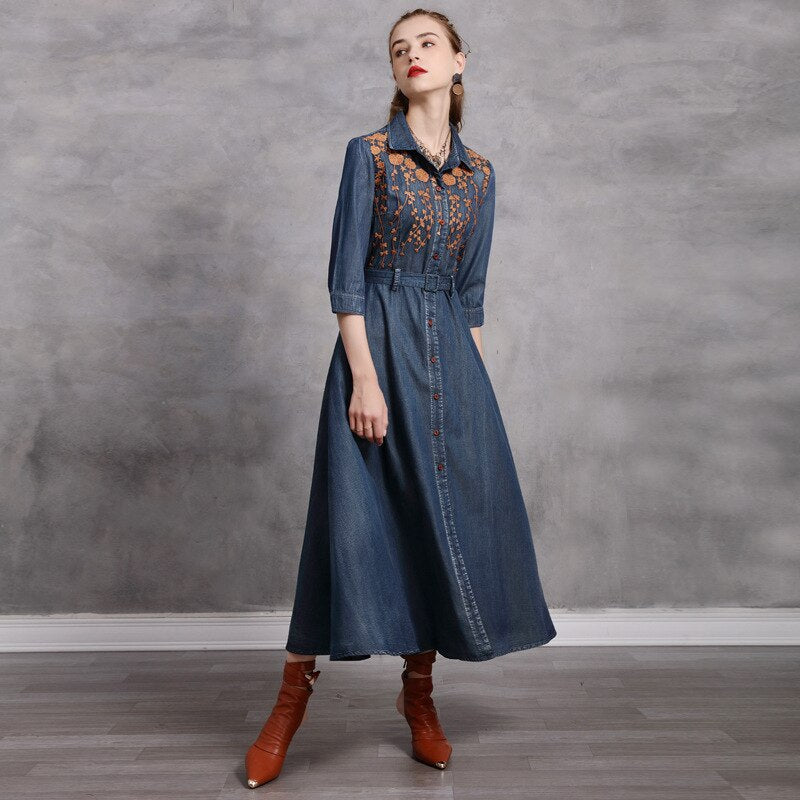 Spring Denim Floral Embroidery Long Women Vintage High Waist A-Line Dress Belt Streetwear