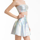 2 Pcs/Set Co-ord Shiny Silver Holographic Tube Top Metallic Wet Look A-line Mini Skirt Clubwear