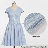 Polka Dot Ruched High Waist Button Vintage Cotton Pleated Cap Sleeve Summer Women Pockets Rockabilly Dress