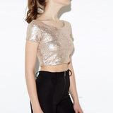 Woman Sequins T Shirt Bling Shiny Short Sleeved Tops Summer Casual Streetwear Dancing Crop Club Wear