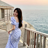 Summer Elegant Floral Dress Women Sweet Kawaii Korean Backless Sexy Split Midi Dress Female Casual slim Puff Sleeve Party Dress