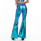 Sexy PU Leather Metallic Pants Shiny Holographic Flare Pants Women Girls Bodycon Elastic Waist Bell Bottom Trousers Clubwear