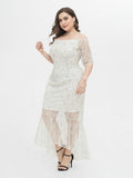 Plus Size Lace Dress Women White Party Dress Half Sleeve Mermaid Formal Robes Off The Shoulder Vestidoes Asymmetrical Prom Gowns