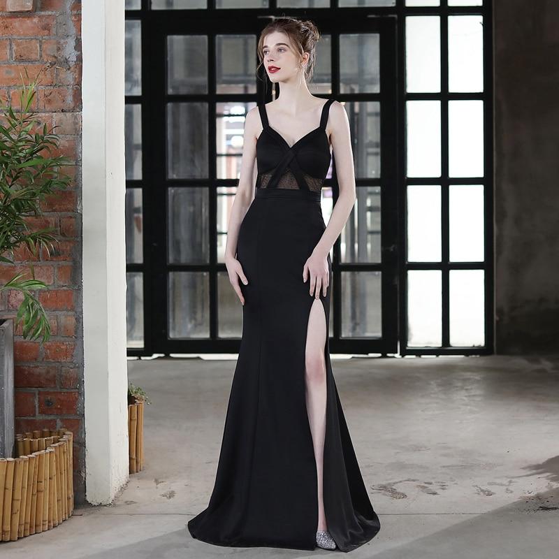 Sexy Slit Evening Dress Women's Black Strap Dress Party Maxi Dress WIth Beading