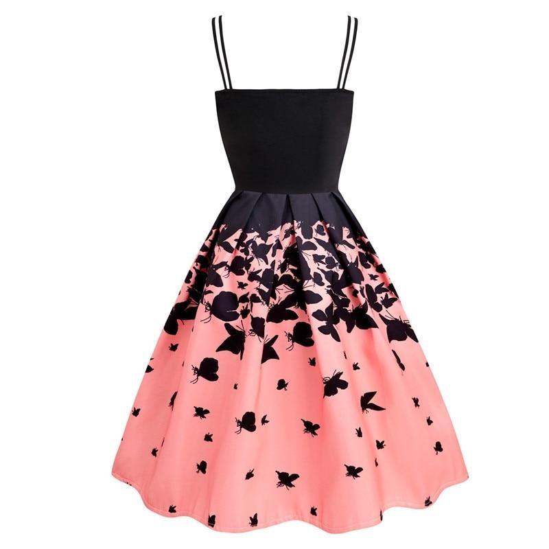 Pink 50S Vintage Butterfly Print Elegant Party Pleated Summer Double Strap Fit and Flare High Waist Dress