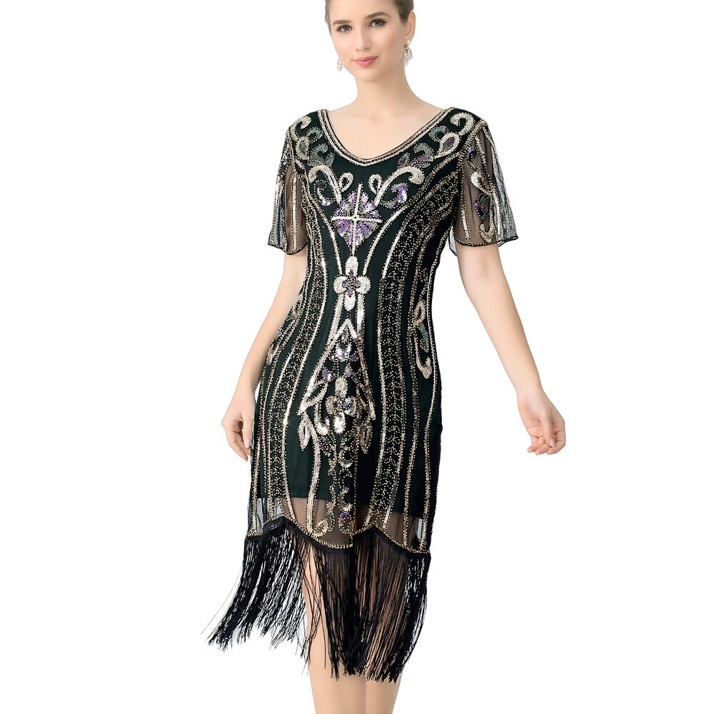 1920s Flapper Short Sleeve V-neck Sequin Fringe Party Vintage Dress Long Vestidos