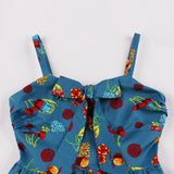 Women Summer Vintage Cotton Spaghetti Strap Bowknot Cherry Print Robe Pinup Swing Casual Dress Sundresses