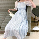 Vintage Retro Fairy Dress Women Puff Sleeve Chiffon Plaid Summer Dress Patchwork Designer French Style Elegant Korean Dress 2020