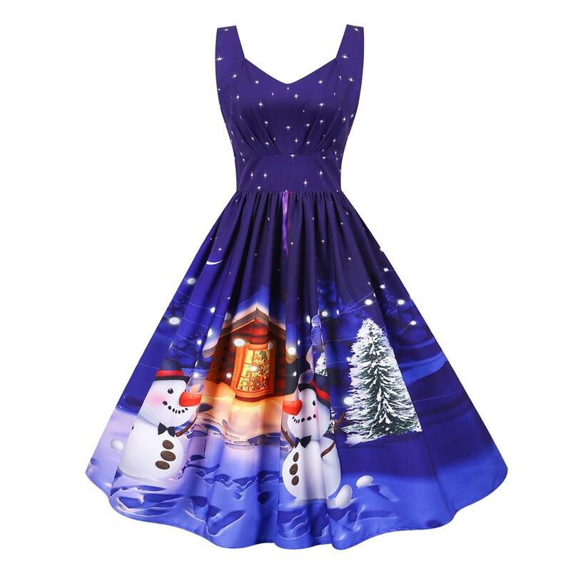 Ruched High Waist Vintage Print Christmas Winter Sleeveless Xmas Festival Pleated Dress