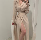 Women Single Breasted Midi Lace Up Slim Solid Shirt Dress Long Sleeve Elegant Vestidos Femme