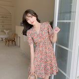 Women French Romance Puff Sleeve Dresses Casual Floral Print Dresses Boho Beach Mini Dresses