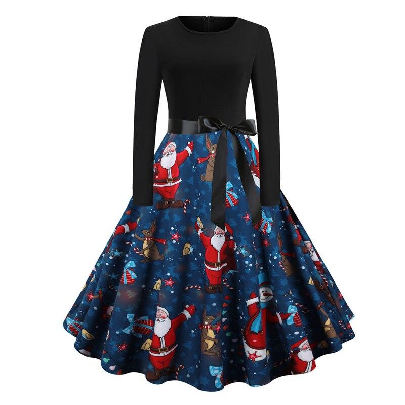 Black and Sky Blue Two Tone Elegant Vintage Christmas Women O-Neck Winter Party Belted A-Line Dress